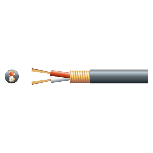 Illustration of a cross-section of the Mercury 2 Core Overall Lap Screen Cable. The image displays layers featuring a durable PVC sheath, metal shielding, flexible screened dielectric insulator, and central copper conductor. A small circle on the left highlights the structure of this 4mm black cable.