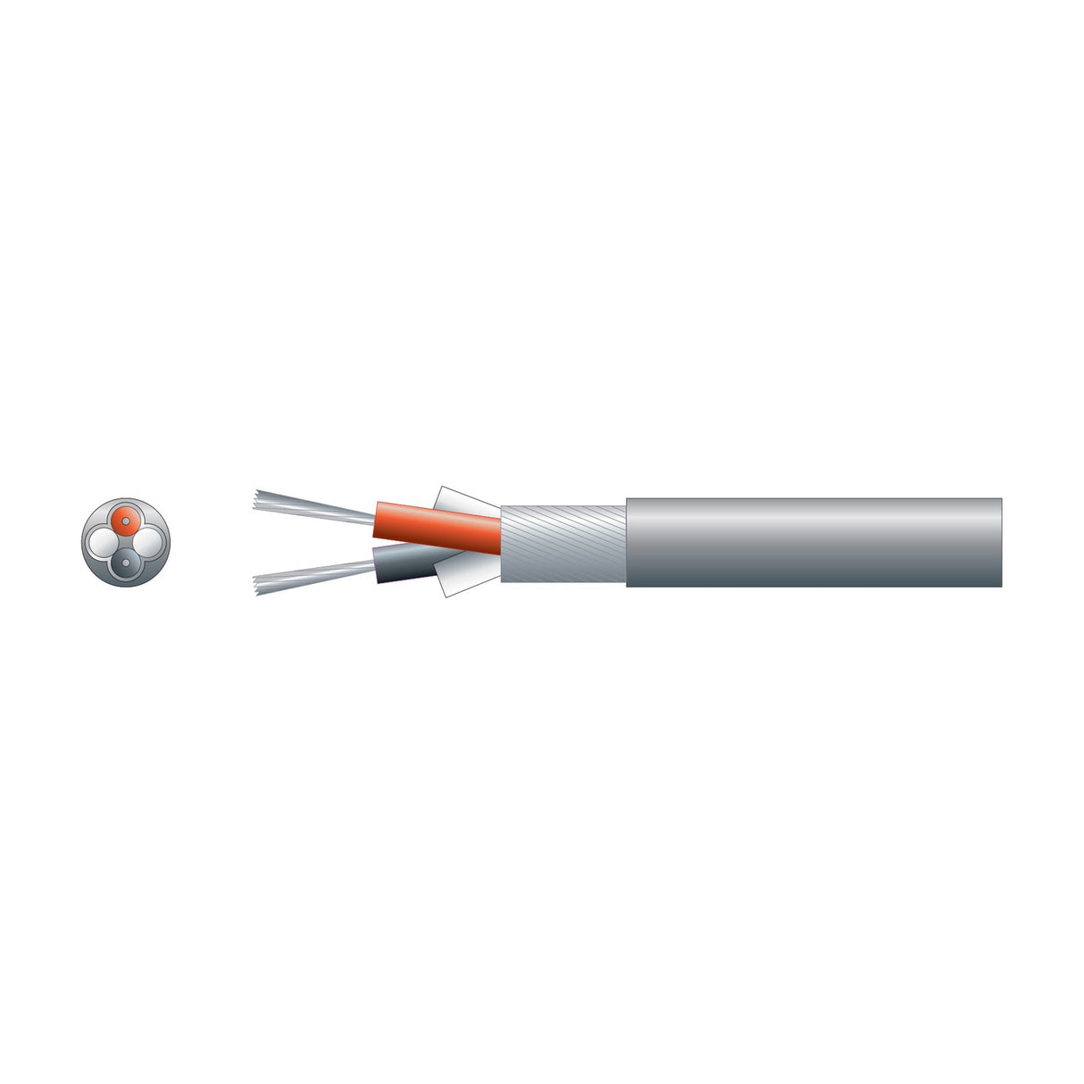 Cutaway diagram of Mercury 2 core lap screen signal cable showing red and black conductors, braided screen and grey PVC sheath with cross-section view.