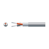 Cutaway diagram of Mercury 2 core lap screen signal cable showing red and black conductors, braided screen and grey PVC sheath with cross-section view.