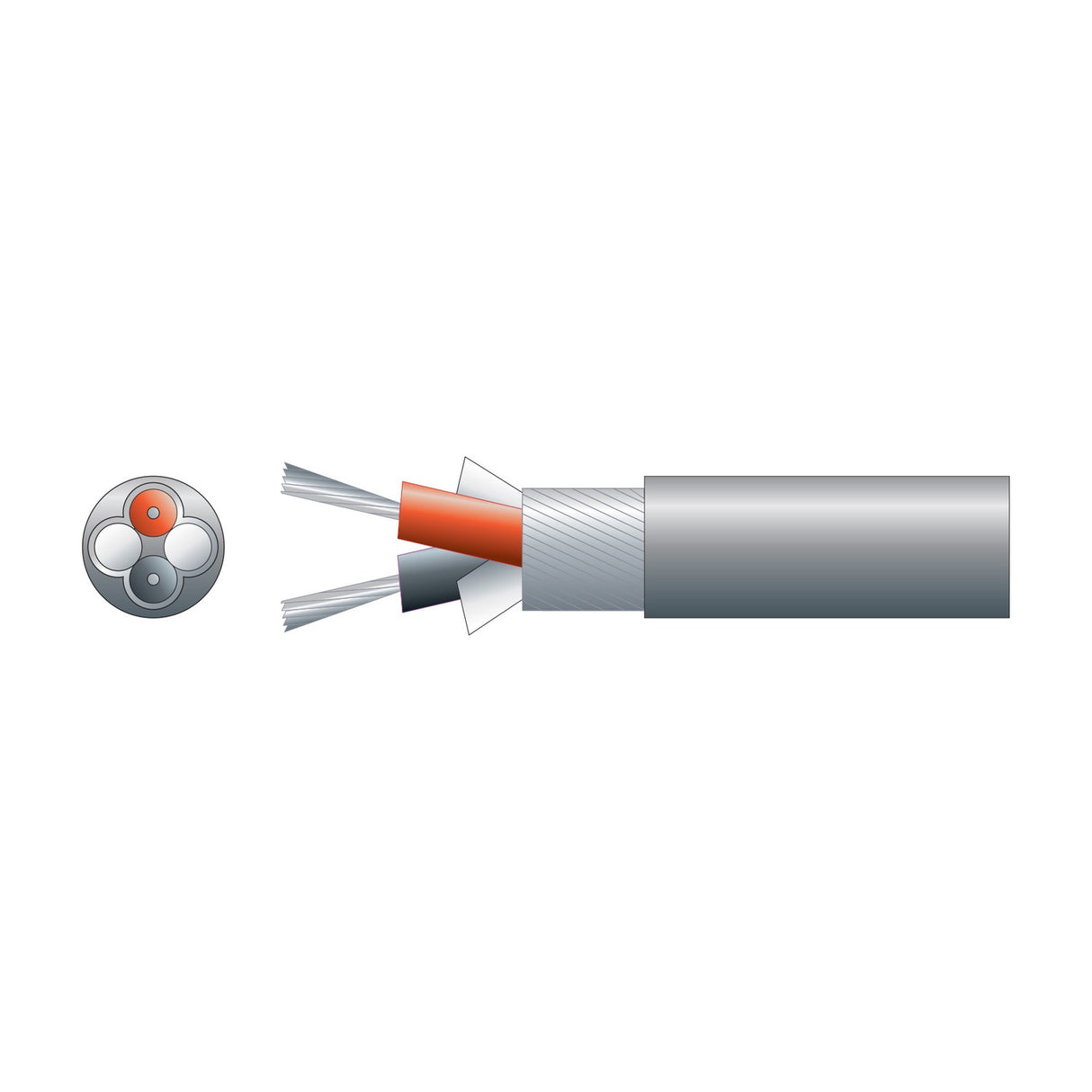 Cutaway diagram of Mercury 2 core lap screen signal cable showing two tinned copper conductors, braided screen and grey PVC sheath with cross-section.