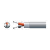Cutaway diagram of Mercury 2 core lap screen signal cable showing two tinned copper conductors, braided screen and grey PVC sheath with cross-section.