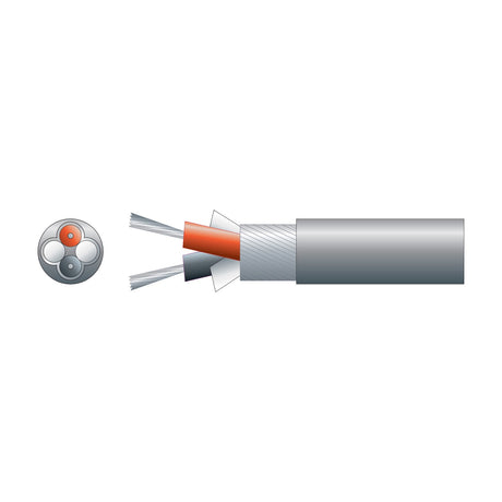 Cutaway diagram of Mercury 2 core lap screen signal cable showing two tinned copper conductors, braided screen and grey PVC sheath with cross-section.