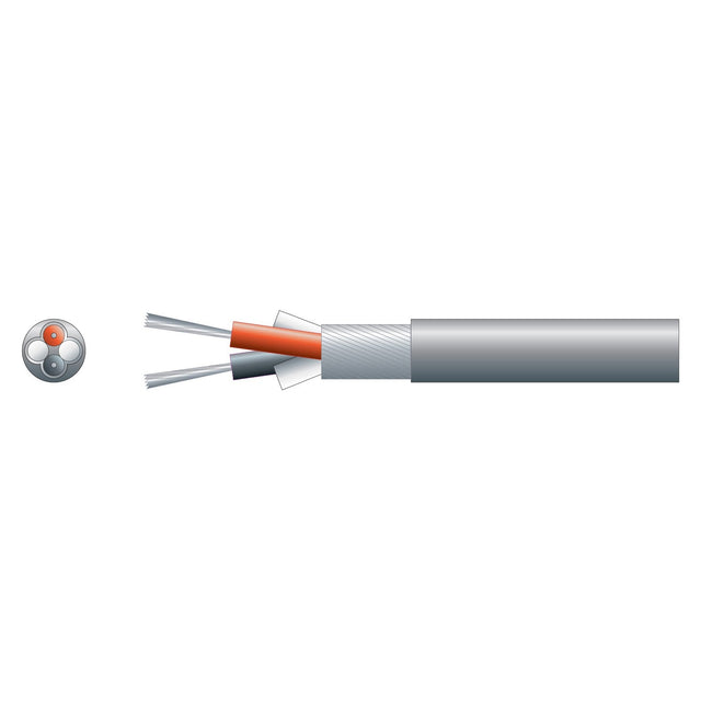 Illustration of a cross-section of the Mercury 2 Core Lap Screen Cable, 5mm, Grey (100m), showcasing its internal layers. The cable features a central copper conductor encased in a dielectric insulator, tinned conductors forming the metallic shield, and an outer PVC sheath for protection.