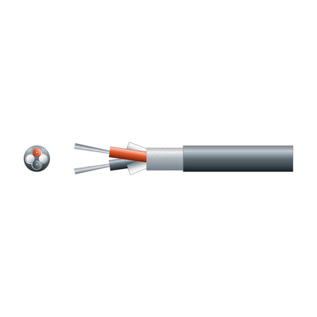 Cutaway diagram of the AVSL Mercury 2 core lap screen signal cable showing red and black conductors, braided copper screen and 5mm black PVC sheath.