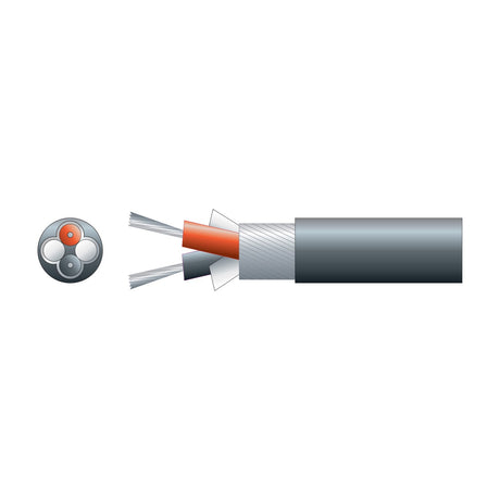 Cross-section and cutaway diagram of Mercury 2 Core Lap Screen Cable showing red and black conductors, braided copper screen and black PVC sheath.