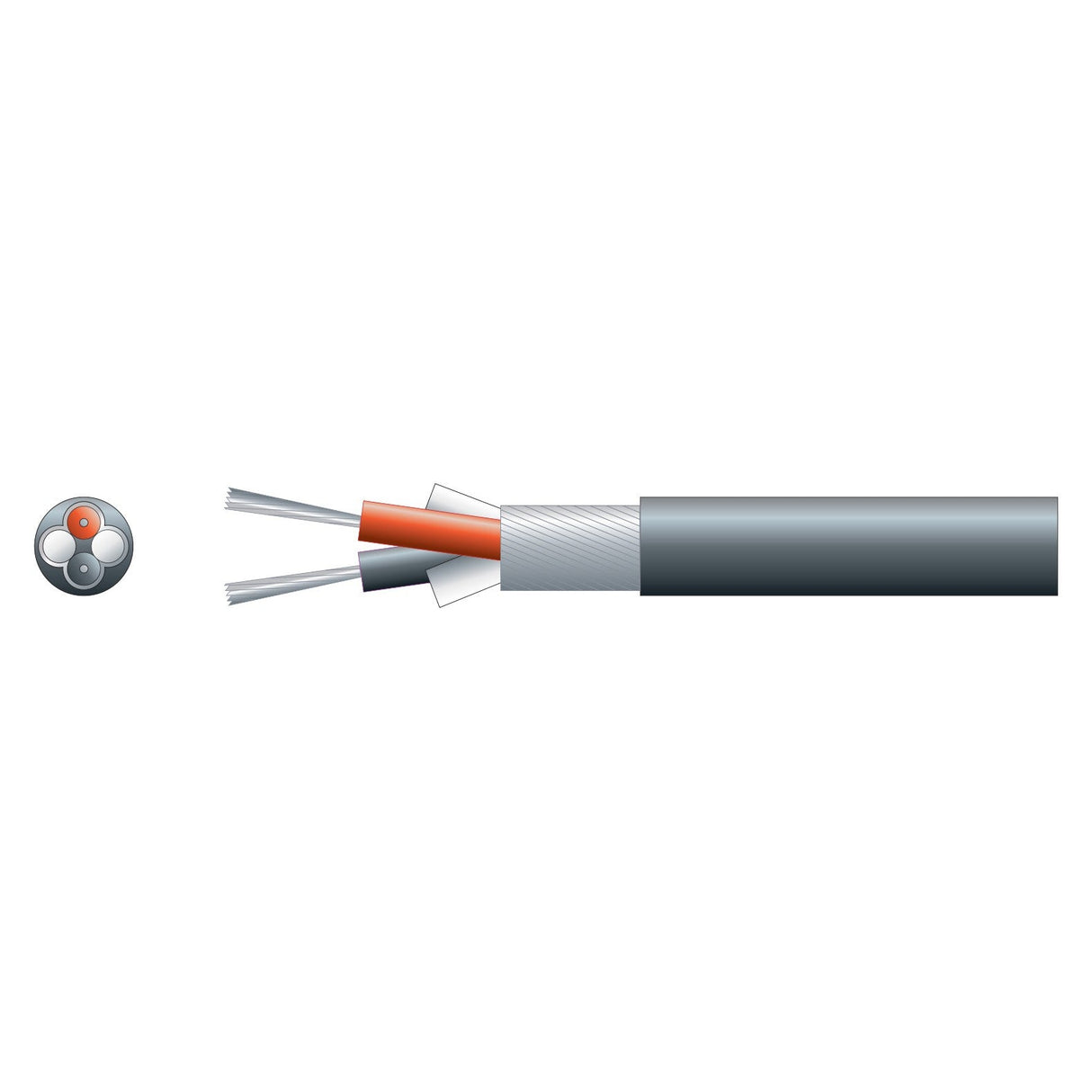 Illustration of the Mercury 2 Core Lap Screen Cable, featuring a durable PVC sheath. The image depicts various layers and internal structures, including tinned conductors and insulation. A cross-section is shown on the left, highlighting the core components of this 5mm black cable.