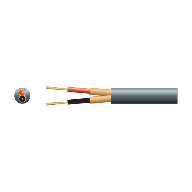Cutaway view of AVSL Mercury 2 core screened microphone cable with red and black inner cores, copper screening and black 6.5mm PVC sheath.