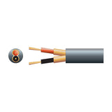 Cutaway view of AVSL Mercury 2 core screened microphone cable with red and black insulated conductors, copper shielding and black PVC sheath.
