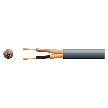 The Mercury 2 Core Individual Lap Screen Cable, featuring a durable black outer sheath, is depicted in the illustration. The stripped section showcases two copper wires—one with red insulation and the other with black. A circular diagram on the left details the intricate internal structure of this flexible 6.5mm PVC sheath microphone cable.
