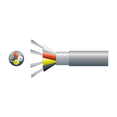Cutaway diagram of AVSL Mercury 4 core screened signal cable in grey with red, white, yellow and black cores under a braided screen and PVC sheath.