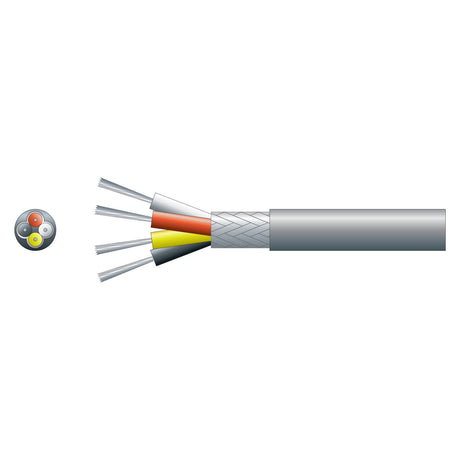 Illustration of a cross-sectional view of the Mercury 4 Core Overall Braided Screen cable. This cable, perfect for audio applications, includes gray wires with protective sheaths and tinned conductors. A braided metallic shield surrounds them, all enclosed within a robust outer PVC sheath.