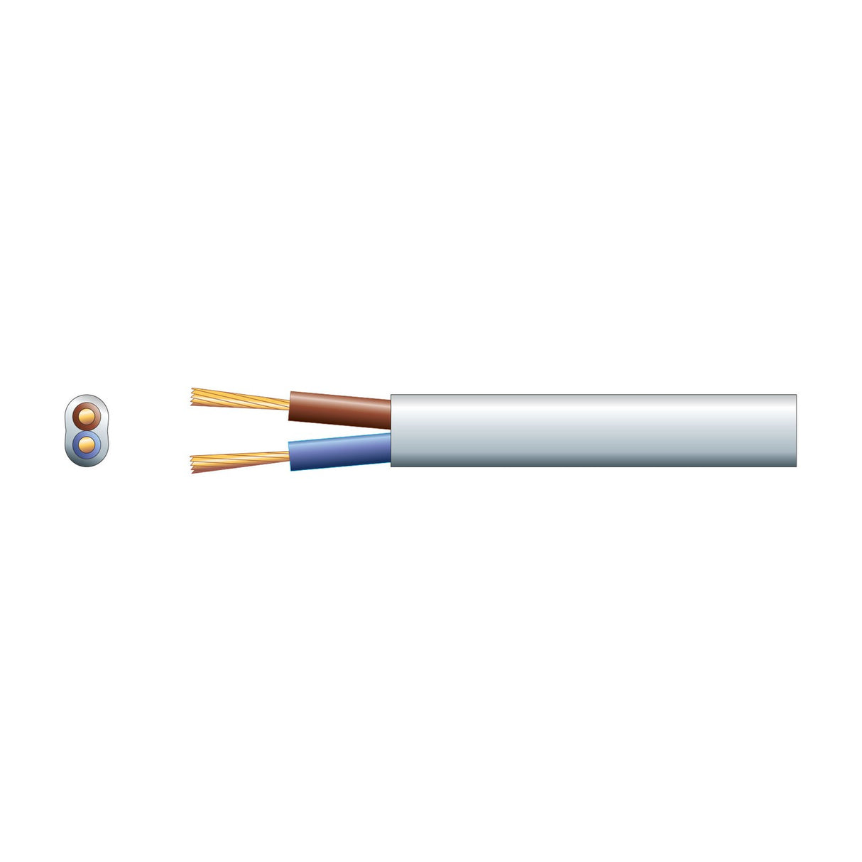 Mercury 2 core oval mains cable in white PVC with brown and blue stranded copper conductors, shown with cross-section view on a plain background.