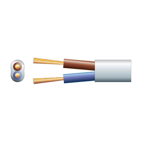 Mercury 2 core oval mains cable by AVSL with white PVC sheath, showing cross-section view and exposed brown and blue copper conductors, 0.75mm² 100m reel.