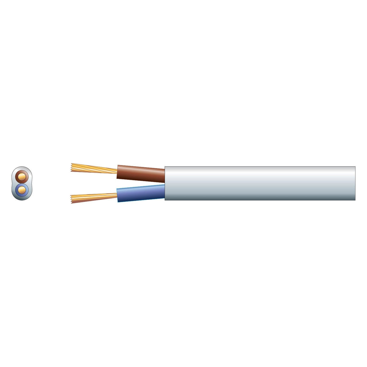 This illustration showcases the Mercury 2 Core Oval Mains PVC cable, featuring a gray sheath. The cable contains brown and blue insulated wires, each made up of copper strands. The cross-section view illustrates the internal arrangement, making it suitable for light electrical applications.