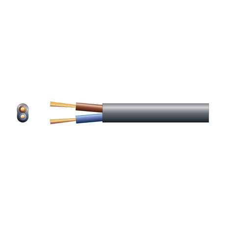 Mercury 2 core oval mains cable in black PVC with 0.75mm² brown and blue stranded copper conductors, shown alongside cross-section on a white background.