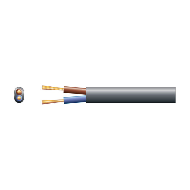 Mercury 2 core oval mains cable in black PVC with 0.75mm² brown and blue stranded copper conductors, shown alongside cross-section on a white background.
