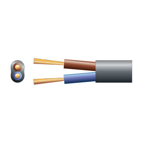 Mercury 2 core oval mains cable in black PVC with brown and blue insulated conductors and stranded copper cores, shown with cross section on a white background.