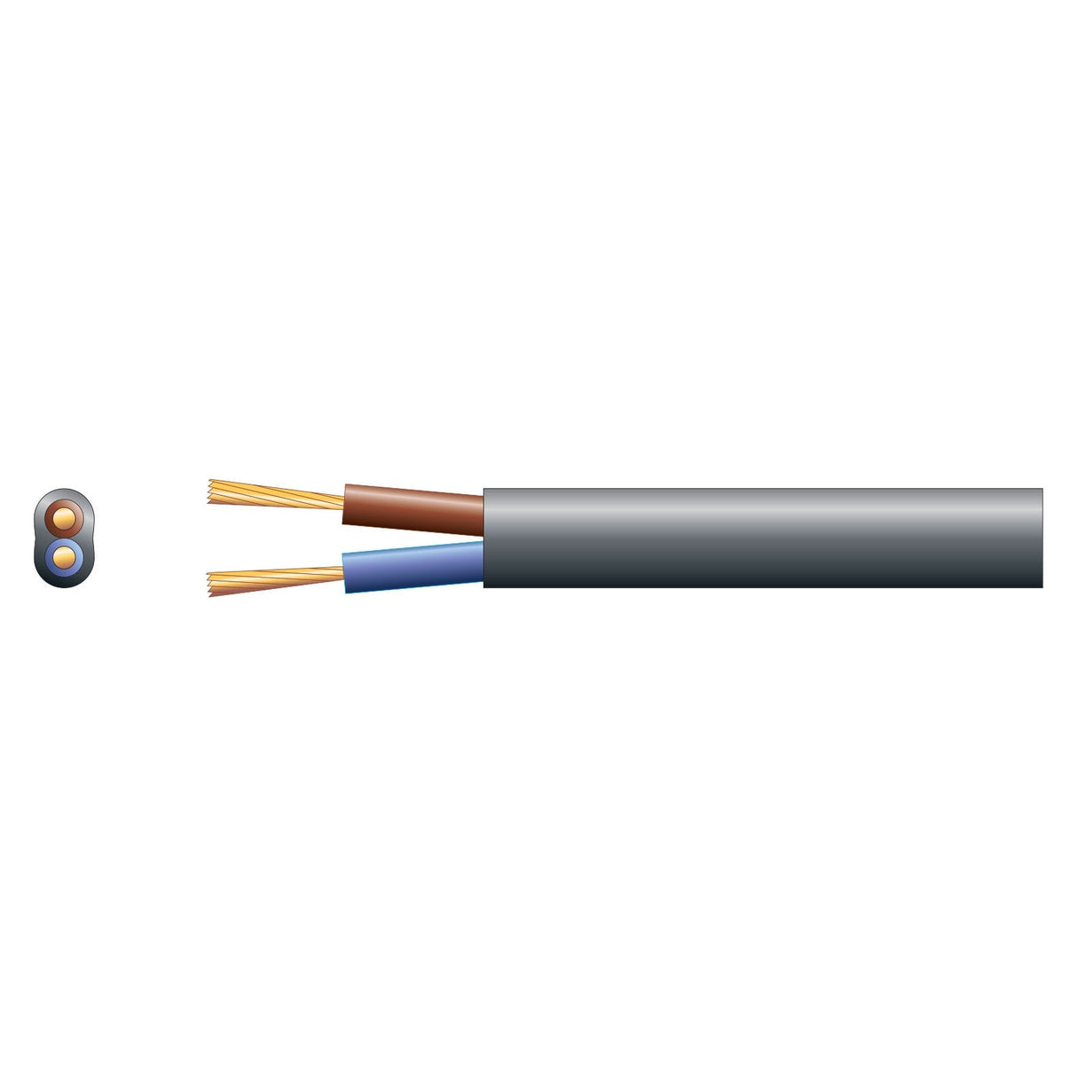 Here's an illustration of the Mercury 2 Core Oval Mains PVC cable with a cross-section view. This cable consists of two copper wires encased in brown and blue insulation, all protected by a robust black PVC sheath. Copper strands are exposed at the ends, and the design complies with BS6500 approved standards.