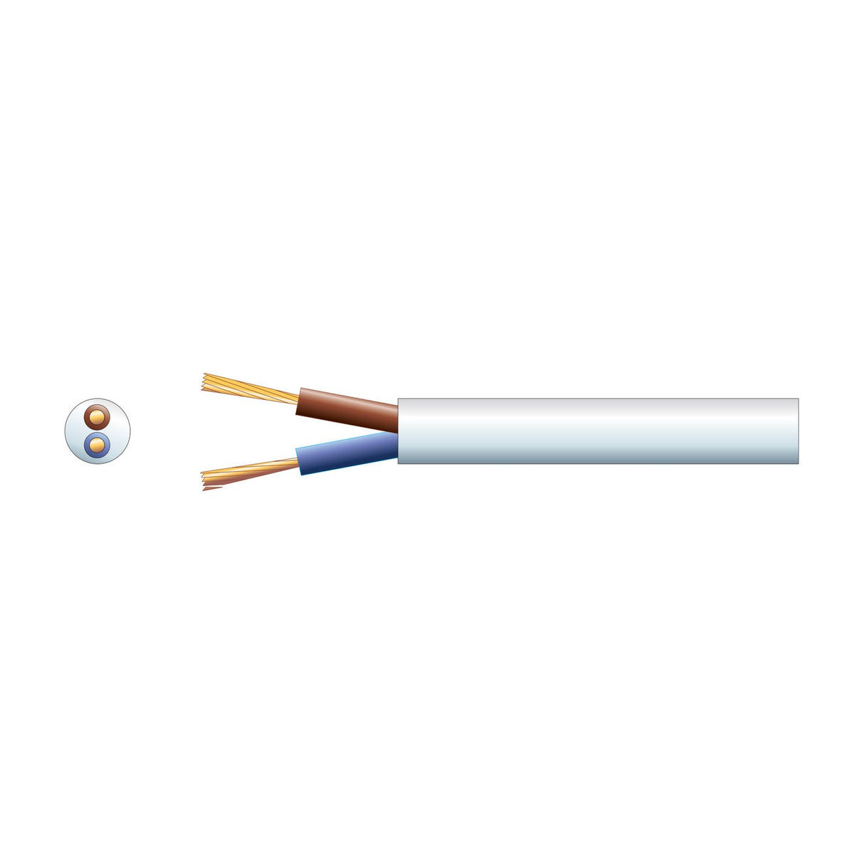 Mercury 2 core round mains cable in white PVC sheath with exposed brown and blue copper conductors, shown alongside cross-section view on plain background.