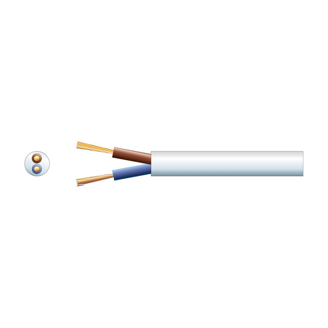 Mercury 2 core round mains cable in white PVC sheath with exposed brown and blue copper conductors, shown alongside cross-section view on plain background.