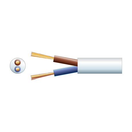 Mercury 2 core round mains cable in white PVC with exposed brown and blue copper-stranded conductors, shown with cross-section view on plain background.