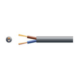 Mercury 2 core round mains cable by AVSL with black PVC sheath, exposed brown live and blue neutral copper conductors, shown with cross-section on white.
