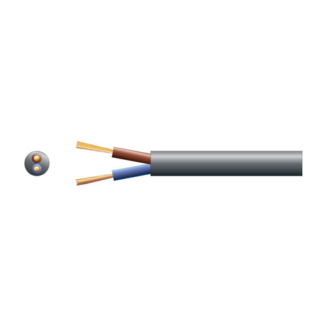 Mercury 2 core round mains cable by AVSL with black PVC sheath, exposed brown live and blue neutral copper conductors, shown with cross-section on white.