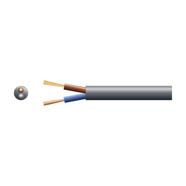 Mercury 2 core round mains cable by AVSL with black PVC sheath, exposed brown live and blue neutral copper conductors, shown with cross-section on white.
