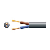 AVSL Mercury 2 core round mains cable in black PVC with exposed brown live and blue neutral copper stranded conductors, shown with cross-section on white.