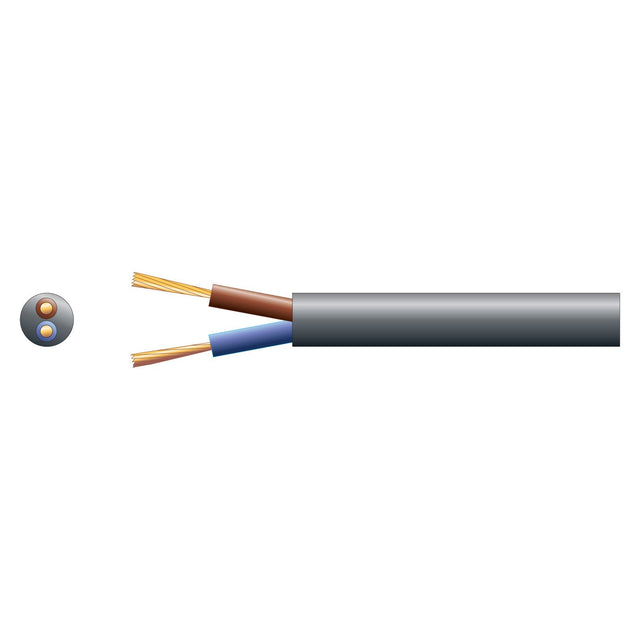 Illustration of a cross-section of the Mercury 2 Core Round Mains PVC, featuring two copper wires, one brown and one blue, encased in a black insulating sheath. A small circular diagram adjacent to it displays the internal wire configuration appropriate for light electrical applications.