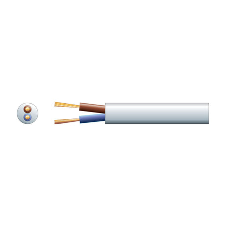 Mercury 2 core round mains cable in white PVC with exposed brown and blue copper stranded conductors, shown with cross-section view on a plain background.