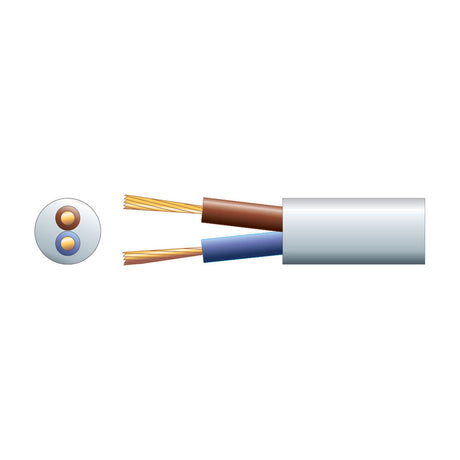 Mercury 2 core round mains cable in white PVC with brown and blue insulated copper conductors shown alongside a cross-section view.