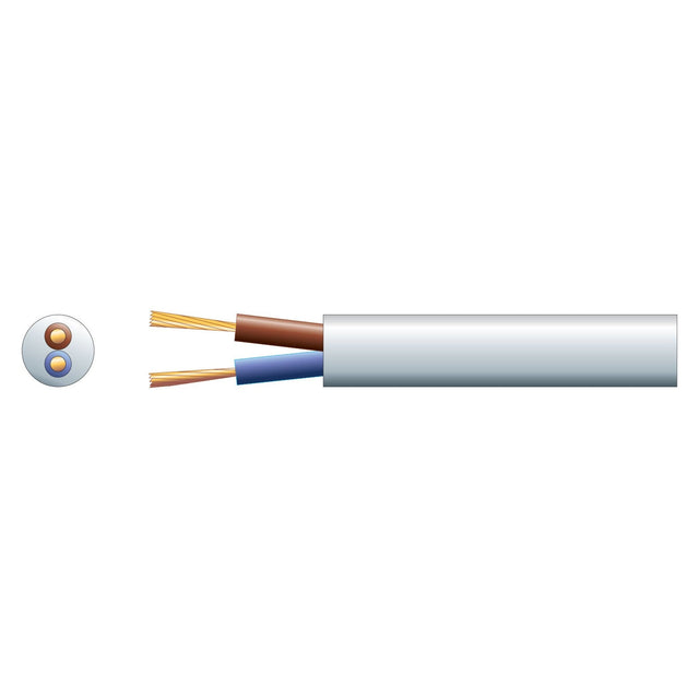 An illustration of a cut Mercury 2 Core Round Mains PVC cable, revealing two exposed wires in brown and blue with visible copper strands. On the left, a cross-section view highlights the wire arrangement. The cable sheath is light gray PVC, typical for electrical applications.