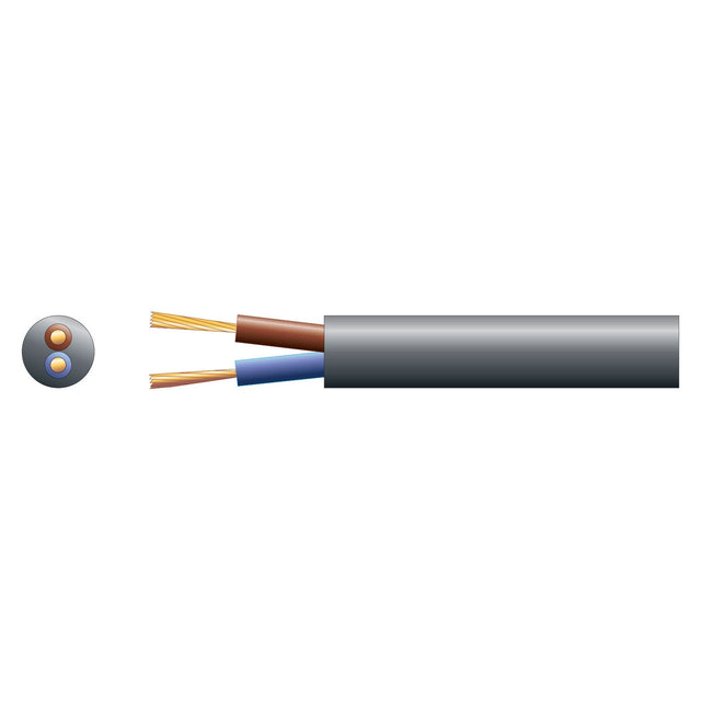 The illustration presents a cross-sectional view of the Mercury 2 Core Round Mains PVC cable. This black cable features a flexible PVC sheath and houses two copper wires: one brown and one blue. The design is shown both in side view and cross-section, making it ideal for light electrical applications.