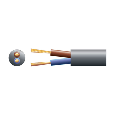 Mercury 2-core 1.5mm² round mains cable in black PVC sheath with exposed brown and blue copper conductors, shown with cross-section on a white background.