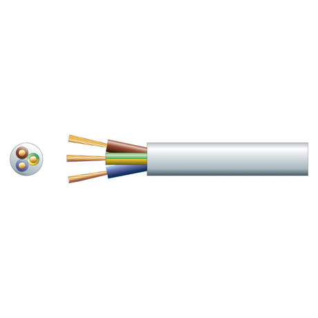 Depiction of the Mercury 3 Core Round Mains PVC cable, highlighting three colored internal wires (brown, green, blue) emerging from its flexible white sheath. An adjacent circular view on the left displays a cross-section of the wires within, suitable for light electrical tasks.