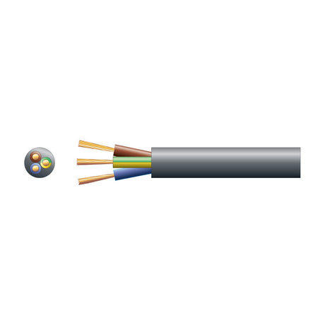 Mercury 3 core round black PVC mains cable with brown, blue and green/yellow copper strands exposed, shown alongside a cross-section view.