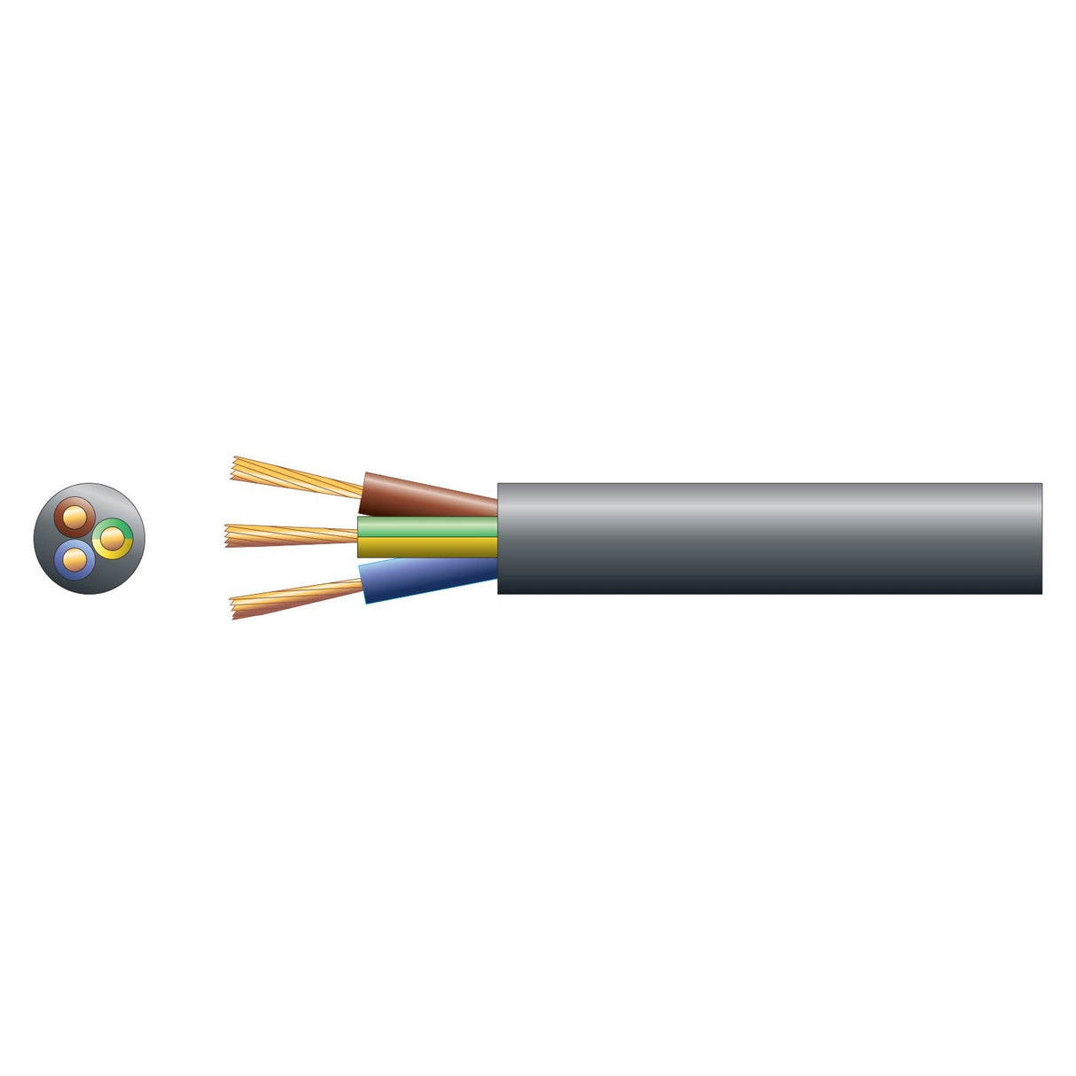 Illustration of a Mercury 3 Core Round Mains PVC cable, 3 x 32, Black (100m), cut open to reveal three copper wires. Each essential electrical wire is coated in differently colored insulation: brown, blue, and green with a yellow stripe. A flexible PVC sheath encases the wires, with a small cross-section view highlighting their arrangement.