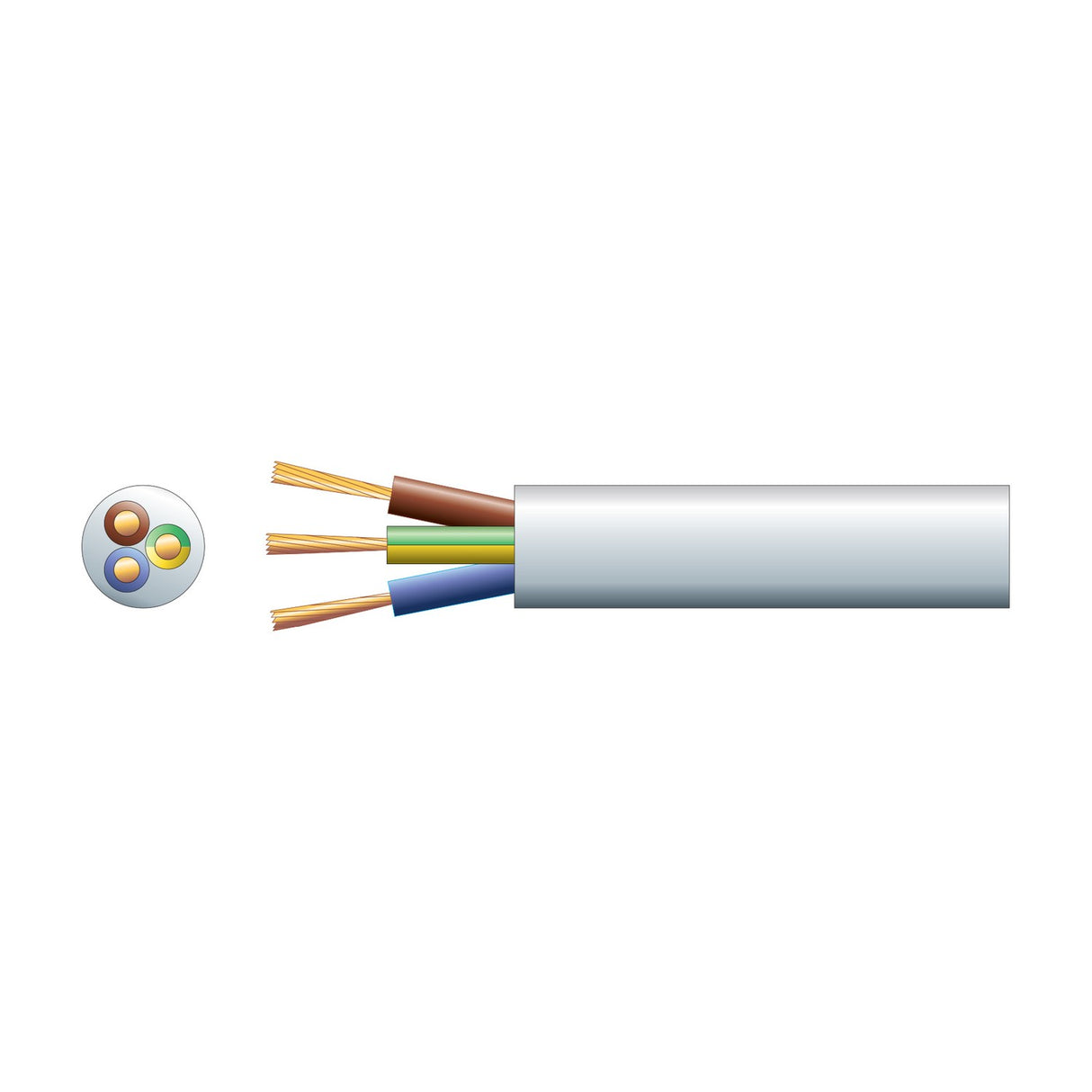 AVSL 3 core round mains cable with 1.5mm² brown, green/yellow and blue cores in a white PVC sheath, shown with cross-section on a white background.