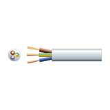 AVSL 3 core round mains cable with 1.5mm² brown, green/yellow and blue cores in a white PVC sheath, shown with cross-section on a white background.