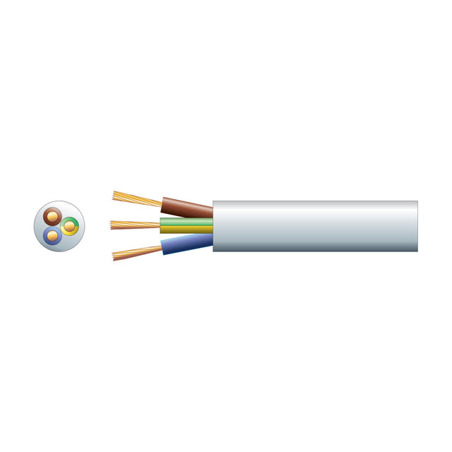 AVSL 3 core round mains cable with 1.5mm² brown, green/yellow and blue cores in a white PVC sheath, shown with cross-section on a white background.