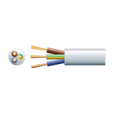 AVSL 3 core round mains cable in white PVC with exposed brown, green/yellow and blue 1.5mm² copper cores, shown with cross-section on a white background.