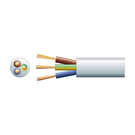 AVSL 3 core round mains cable in white PVC with exposed brown, green/yellow and blue 1.5mm² copper cores, shown with cross-section on a white background.