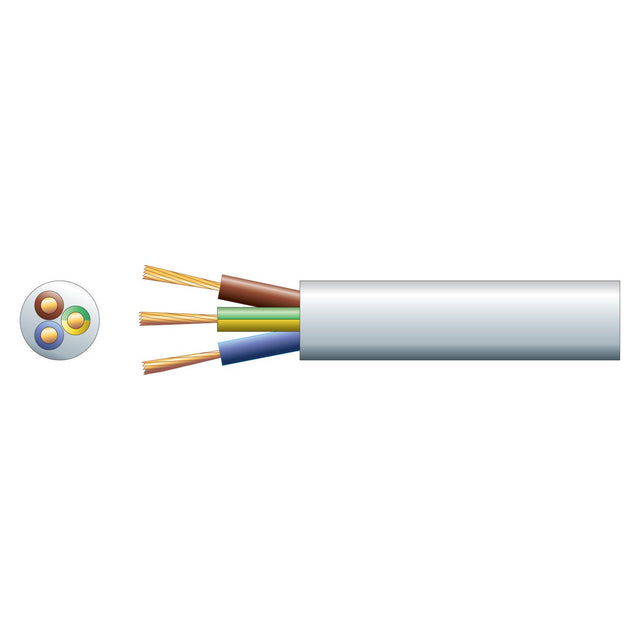 Illustration of a cross-sectional view of the Mercury 3 Core Round Mains PVC cable, designed for light electrical applications. The main image showcases the cable's flexible PVC sheath, revealing three individual wires in white color. A smaller circular diagram to the left highlights these color-coded wires.