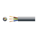 Mercury 3 core round mains cable in black with 1.5mm² brown, blue and green/yellow cores exposed, shown alongside a cross-section view.