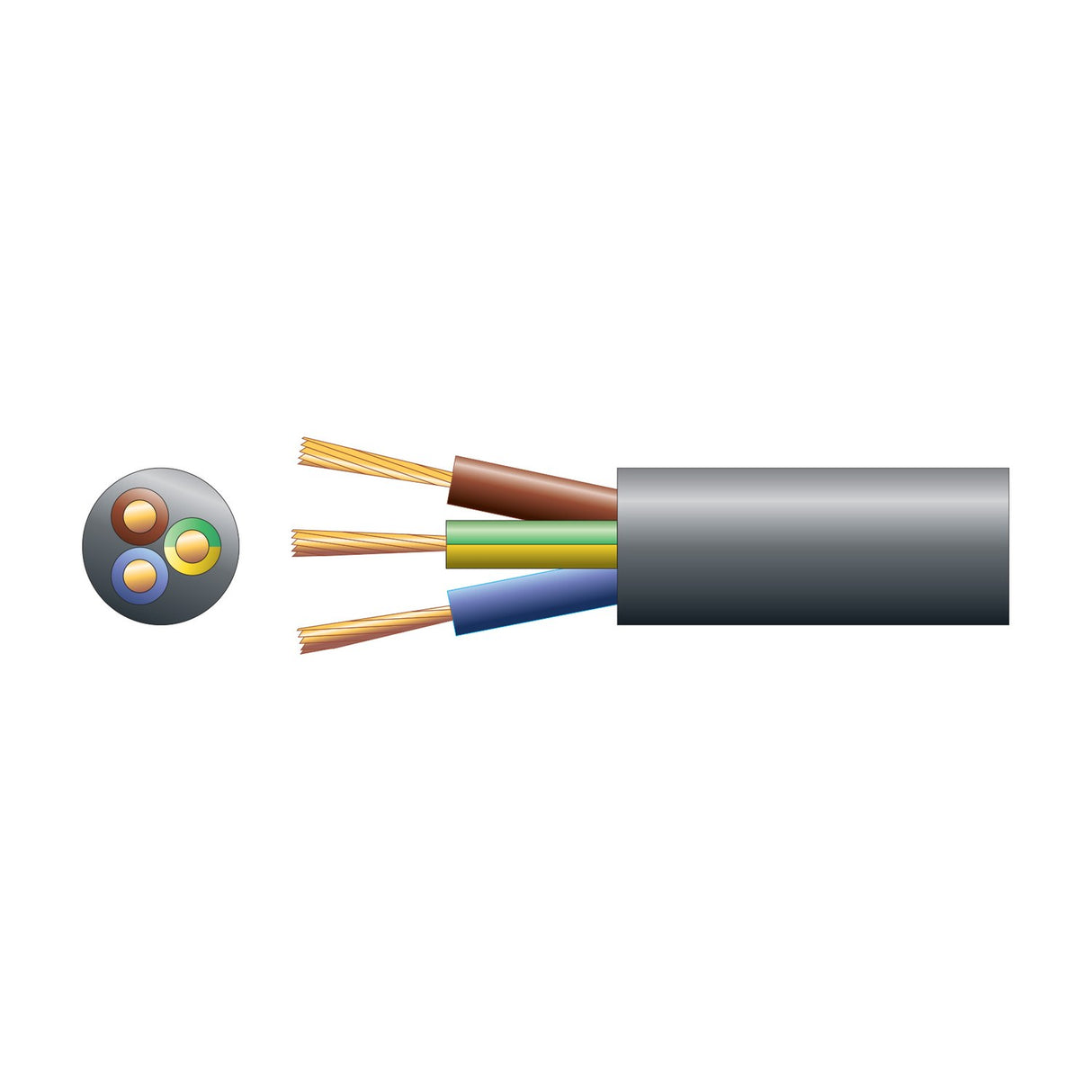Cross-section and cutaway diagram of AVSL Mercury 3 core round mains cable 1.5mm² in black, showing brown, green/yellow and blue copper cores.