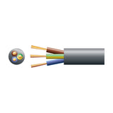 Cross-section and cutaway diagram of AVSL Mercury 3 core round mains cable 1.5mm² in black, showing brown, green/yellow and blue copper cores.