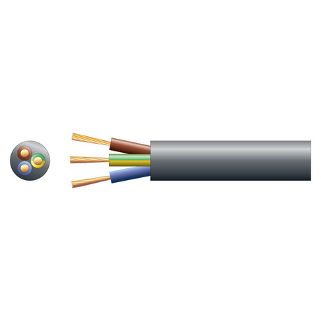 The cross-section of the Mercury 3 Core Round Mains PVC cable showcases four vibrant wires in brown, blue, green/yellow, and gray, all encased within a flexible black PVC sheath. An additional diagram gives a closer look at these essential components for electrical equipment.