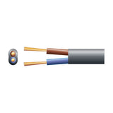 Mercury 2 core oval mains cable in black with brown and blue insulated copper conductors shown alongside a cross-section view on a white background.