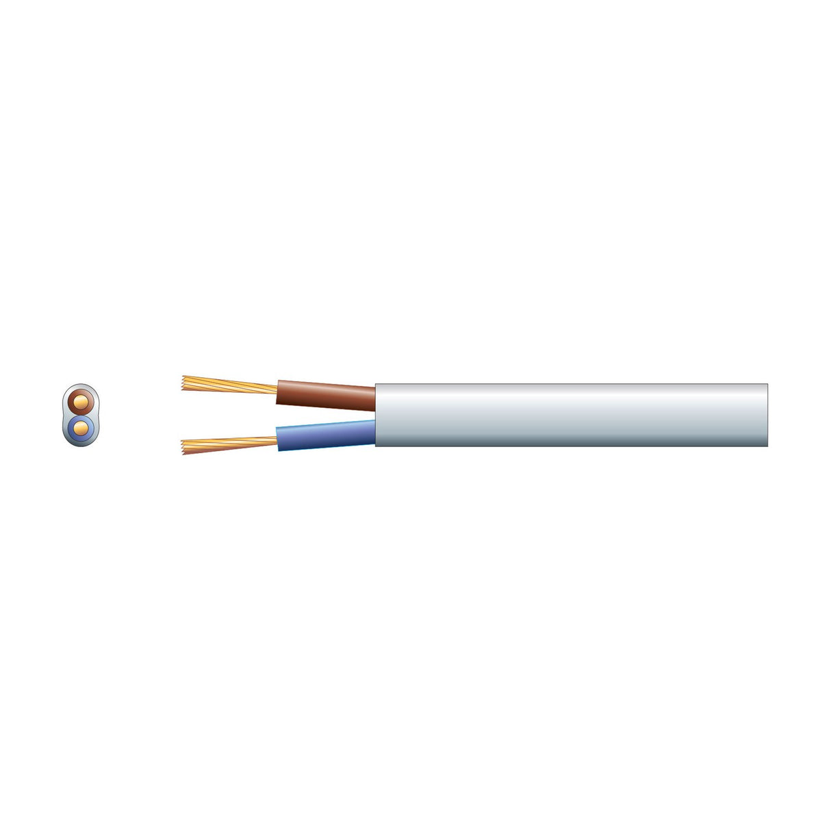 Mercury 2 core oval mains cable in white PVC sheath with exposed brown and blue stranded copper conductors, shown with cross-section view on a white background.
